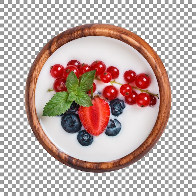 Bowl of yogurt with cranberries and strawberries on transparent background