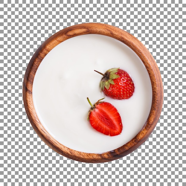 Bowl of yogurt with strawberries on transparent background