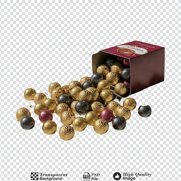 A box of assorted colored balls is opened and scattered isolated