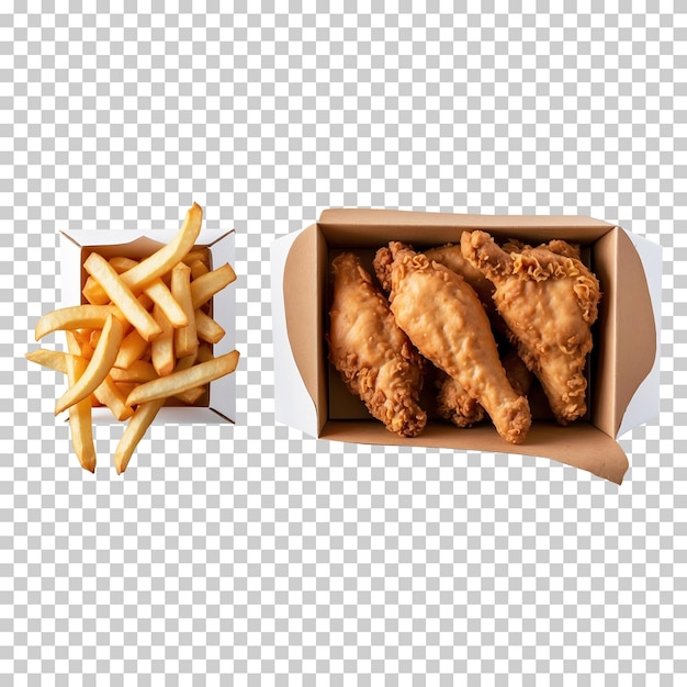 a box of chicken and french fries is shown isolated on a transparent background