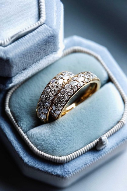 a box of gold and diamond ring in blue