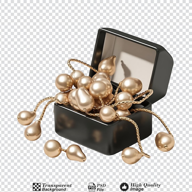 A box of gold pearls is opened and scattered isolated