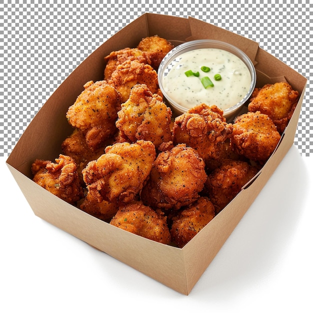 PSD a box of spicy popcorn chicken bites served with a side on a transparent background