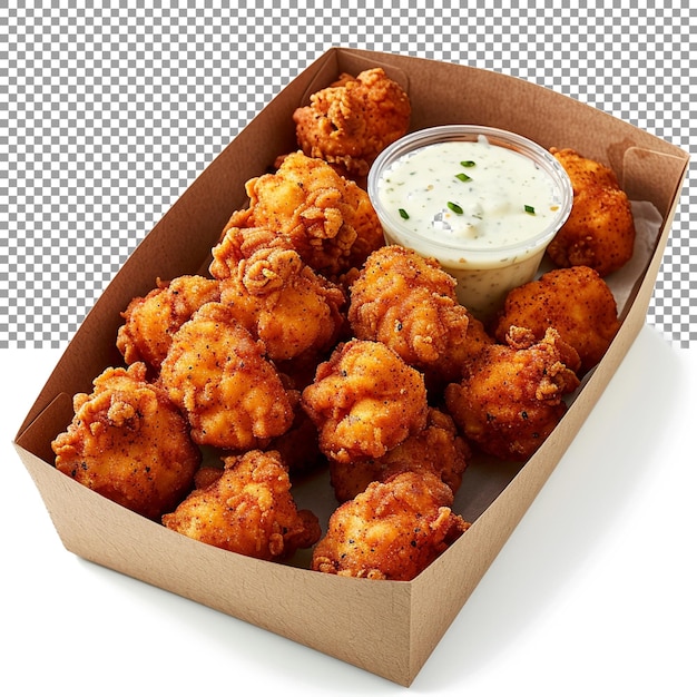 PSD a box of spicy popcorn chicken bites served with a side on a transparent background