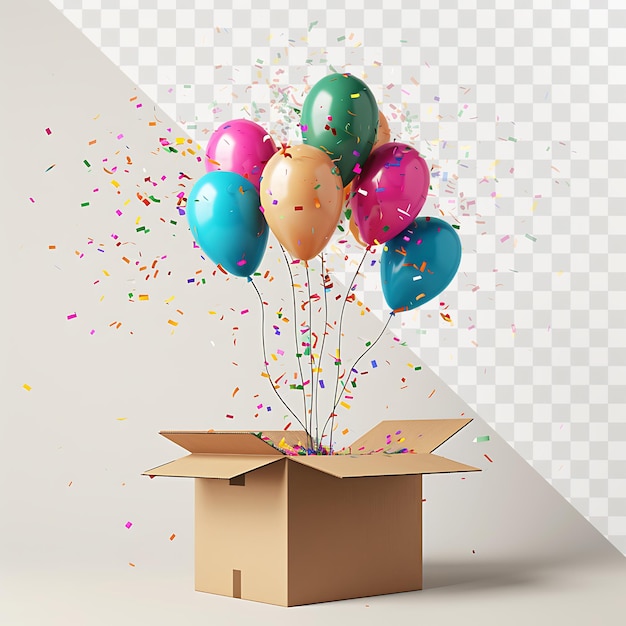 PSD a box with colorful balloons on it and a box with a box that says  happy birthday