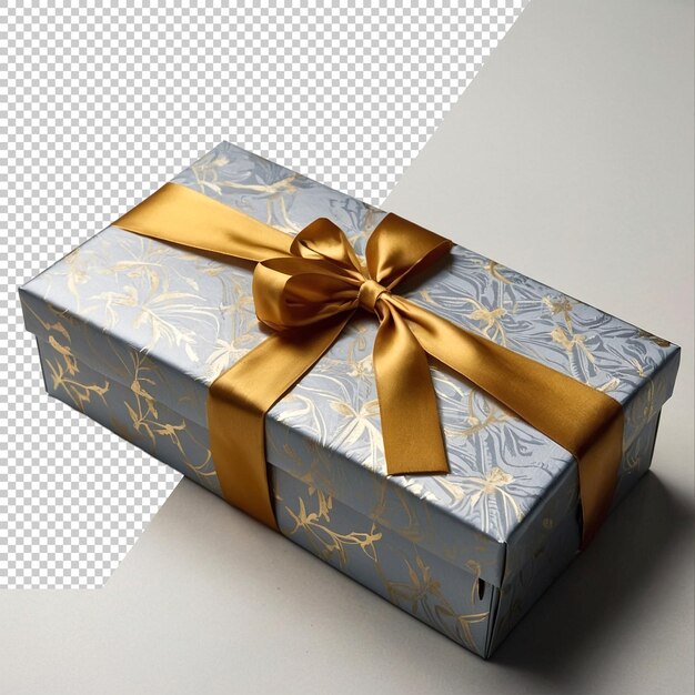 a box with a gold ribbon tied around it is shown