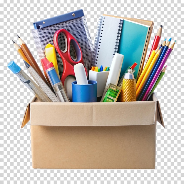 Box With Various School And Office Supplies Isolated On Transparent Background