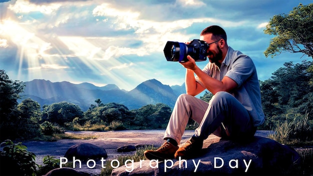 A boy celebrate world photography day with camera