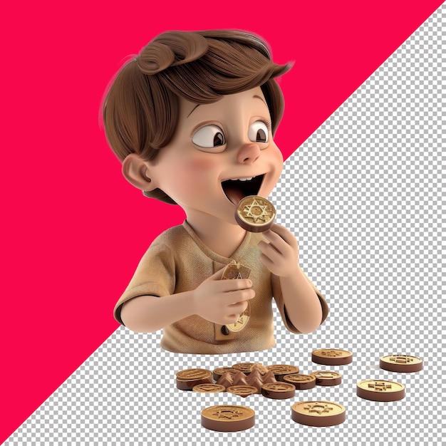 PSD boy eating hanukkah chocolate coins isolated white background png psd