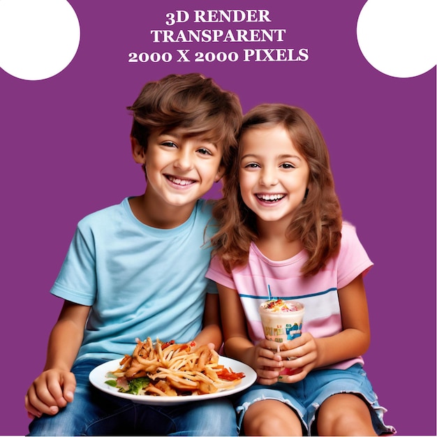 a boy and girl are sitting on a bench with a plate of food and a cup of coffee