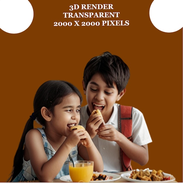 a boy and girl eating food with a glass of orange juice