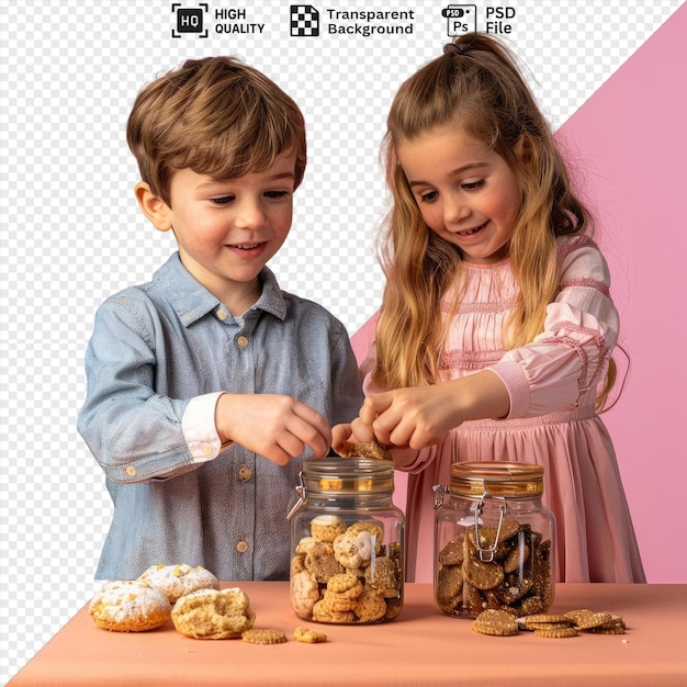 a boy and a girl siiting at the table and putting savings to the jar png psd