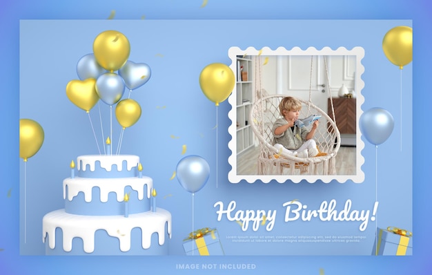 Boy happy birthday cake invitation card for blue instagram social media post template with mockup