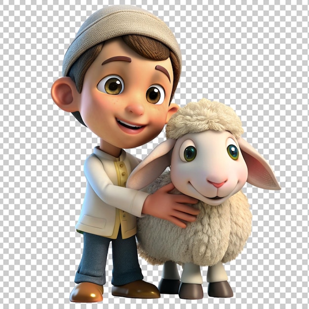 a boy holding a sheep and a sheep with a hat on