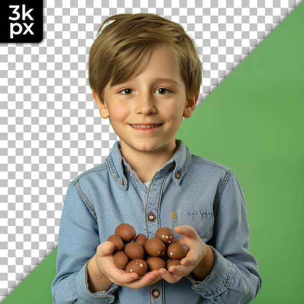 a boy is holding a bunch of eggs in his hands