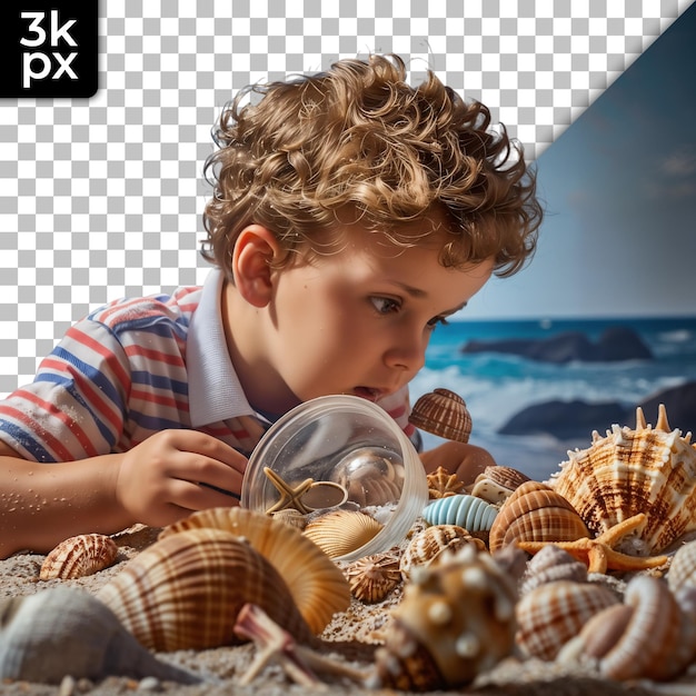 PSD a boy is playing with a ball of shells and the words  xm  on the bottom