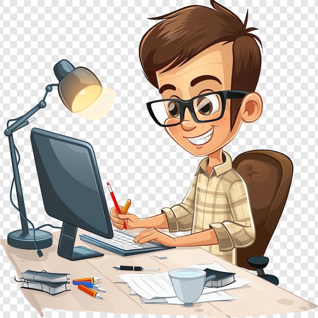 a boy is working at a computer with a pencil and a lamp