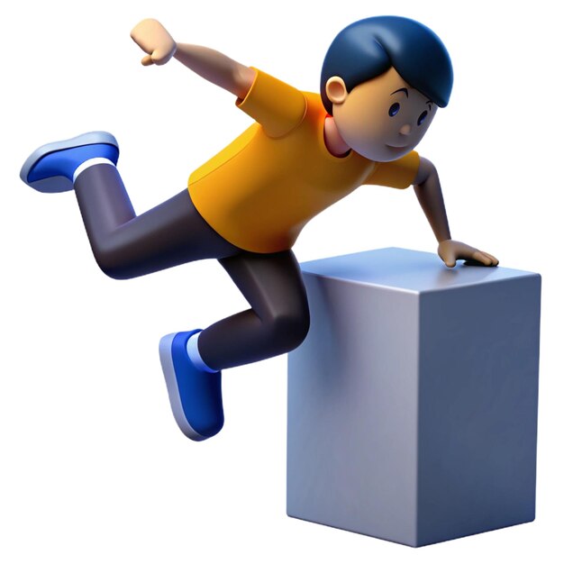 PSD a boy jumping over a cube that has a blue shoe on it