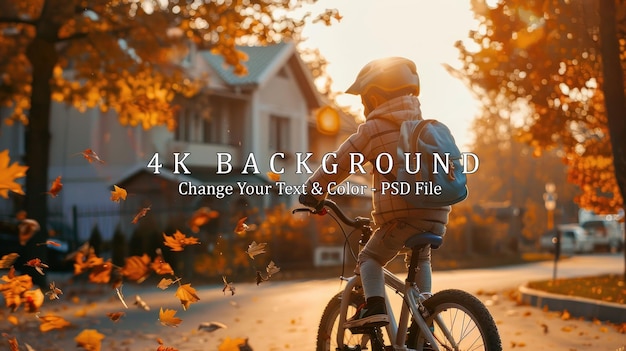 PSD boy riding bike through autumn leaves