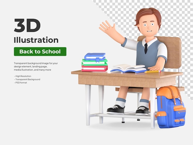 Boy school student happy reading book in classroom 3D cartoon illustration