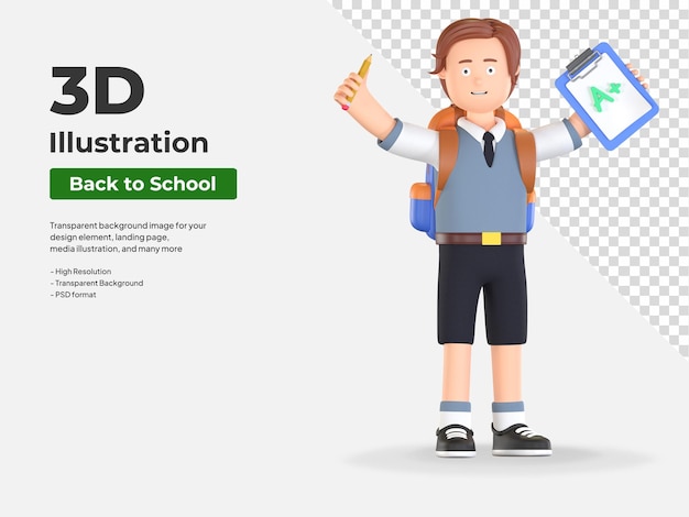 Boy school student happy with exam test result 3D cartoon illustration