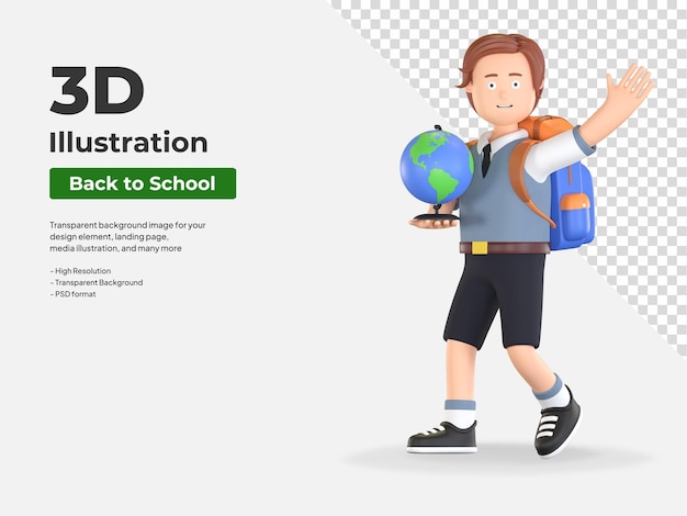 Boy school student holding earth globe and waving hand 3D cartoon illustration