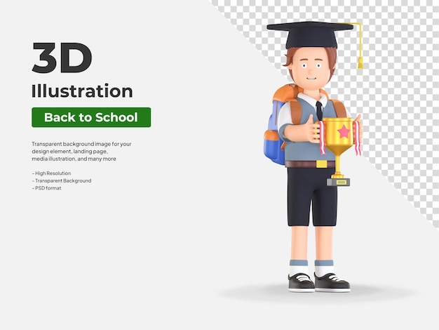 Boy school student holding trophy in graduation 3D cartoon illustration