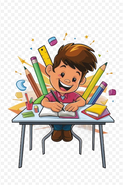 PSD a boy sits at a desk with a pencil and a pen