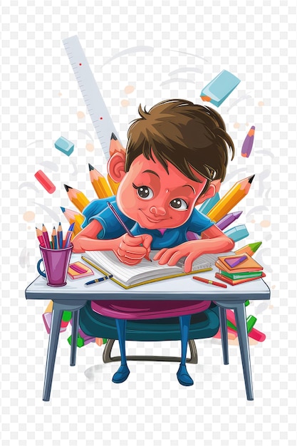 PSD a boy sits at a school desk and writes vector art illustration