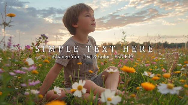 PSD boy sitting in a field of flowers at sunset