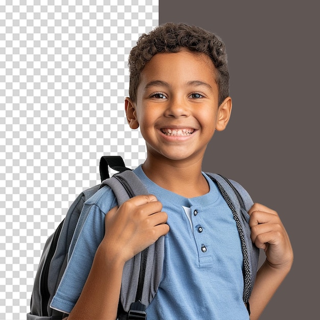 A boy smiling as he smiles with a backpack isolated on transparent background