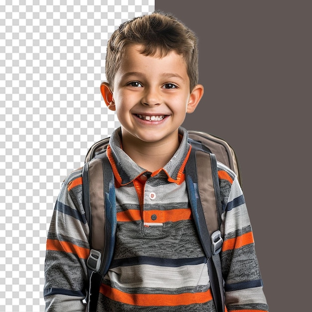 A boy smiling as he smiles with a backpack isolated on transparent background