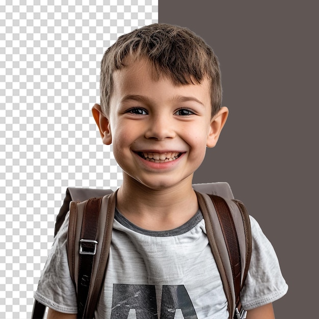 A boy smiling as he smiles with a backpack isolated on transparent background