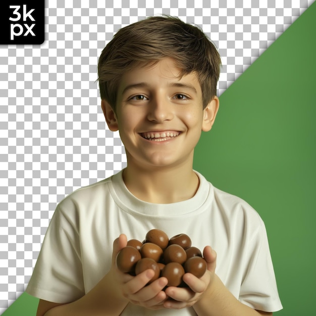 a boy smiling with a bunch of brown eggs in his hands