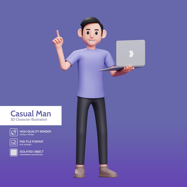 Boy standing holding laptop with left hand and raising finger up gets an idea 3d render character illustration