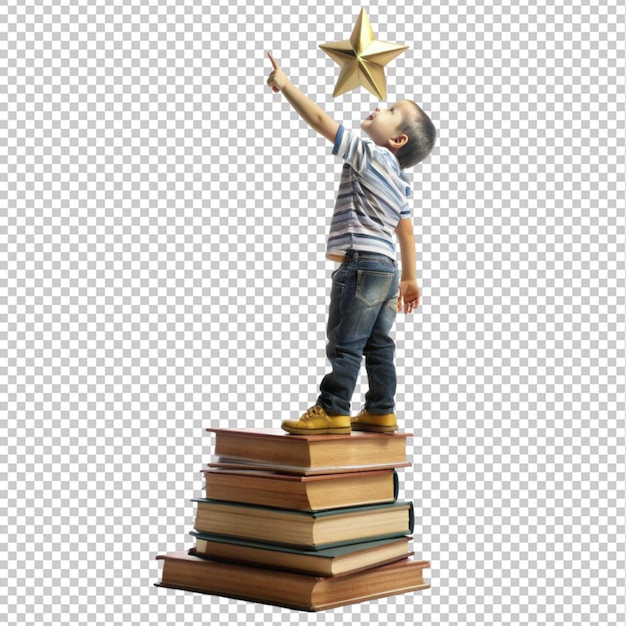 PSD boy standing on a pile of book reaching for a star