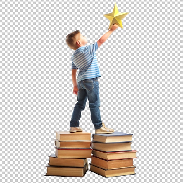 PSD boy standing on a pile of book reaching for a star