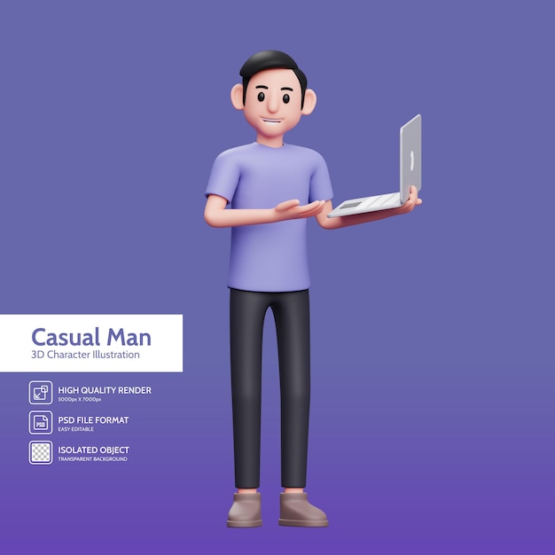 Boy standing showing a laptop being held in his left hand 3d render character illustration