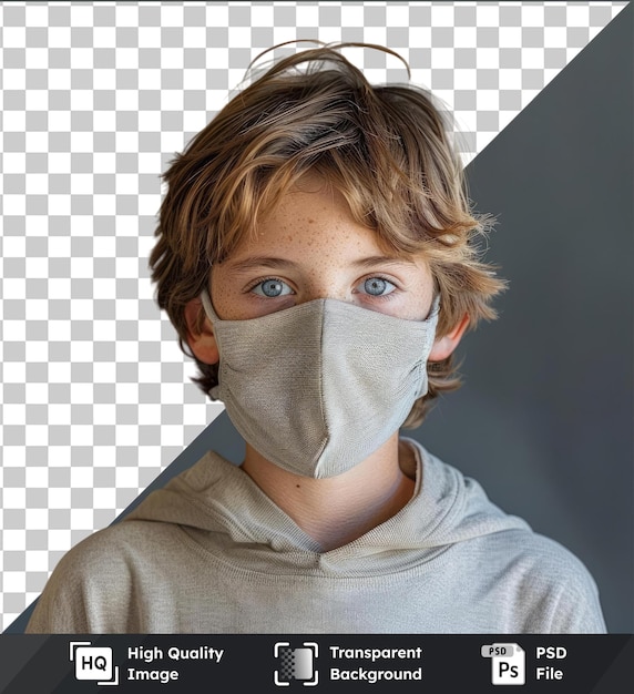 a boy stands in a mask during a quarantine with free space quarantine in the mask wearing a gray shirt and short brown hair his blue eyes and small ear are