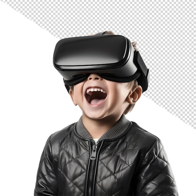 a boy wearing a leather jacket and a leather jacket with a pair of glasses that say quot virtual quo