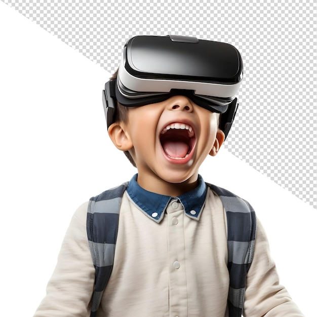 a boy wearing a virtual reality headset with his mouth open