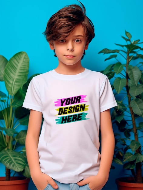 Boy wearing white tshirt mockup design psd