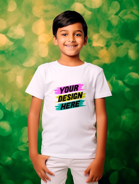 Boy wearing white tshirt mockup design psd