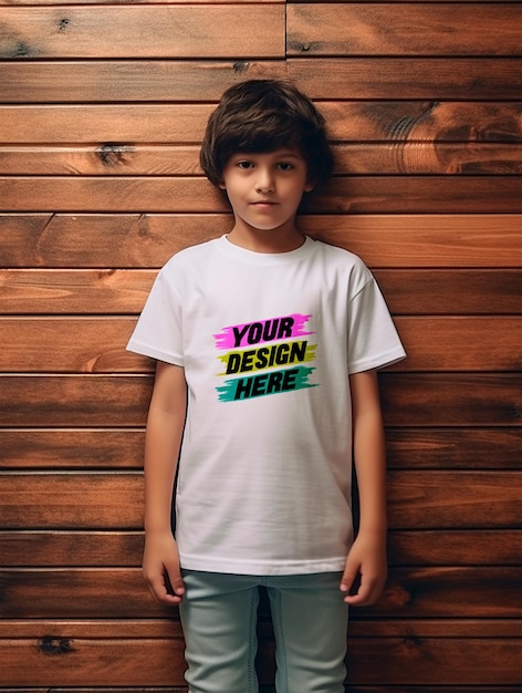 Boy wearing white tshirt mockup design psd