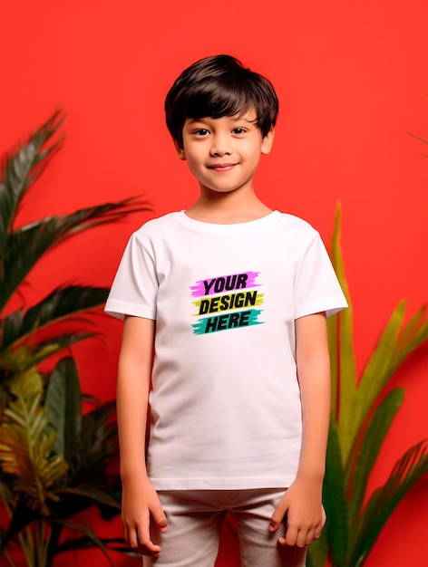 Boy wearing white tshirt mockup design psd