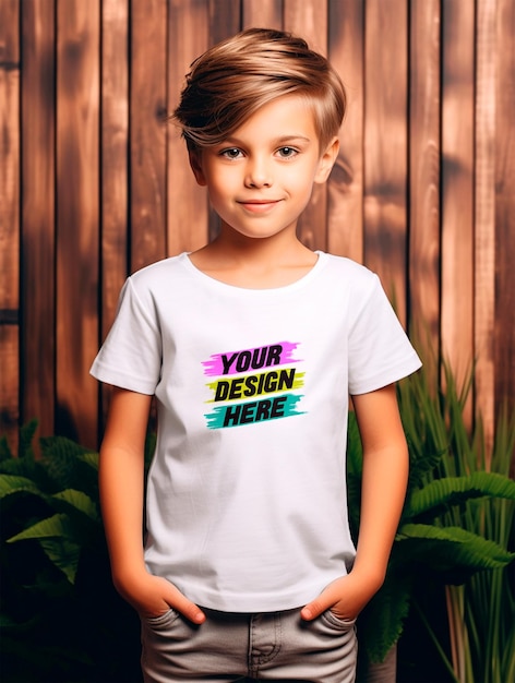 Boy wearing white tshirt mockup design psd