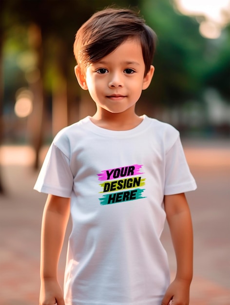 Boy wearing white tshirt mockup design psd