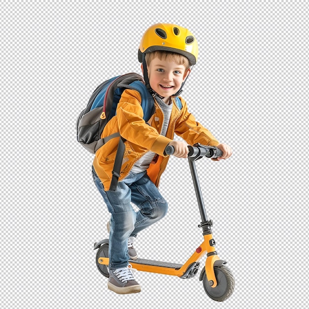 PSD a boy wearing a yellow helmet rides a scooter with a helmet