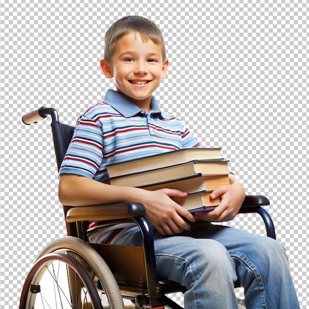 boy in wheelchair holding a bunch of books