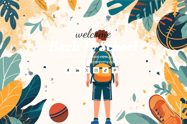 PSD a boy with a backpack and a backpack with the words welcome back to school